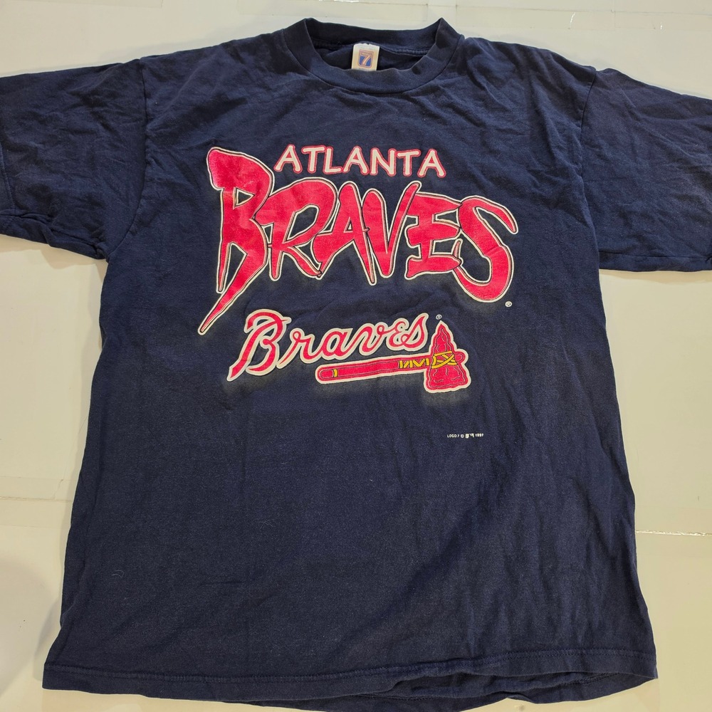 Atlanta Braves Logo 7 Vtg 1997 Graphic T-Shirt Navy Blue MLB Baseball Mens XL